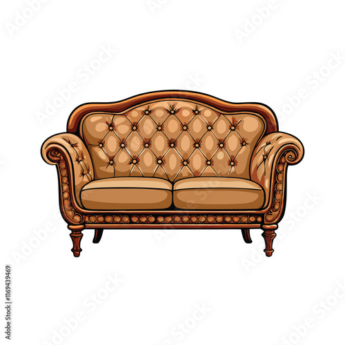 A hand-drawn illustration of a brown tufted loveseat with elegant details.