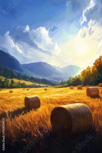 Golden hay bales illuminated by sunlight in a serene mountainous landscape at...