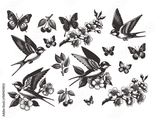 Classis vintage illustration. Blossom garden with swallows. Elegant spring set animal collection