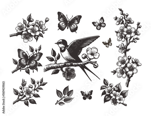 Classis vintage illustration. Blossom garden with swallows, elegant spring set animal butterfly collection