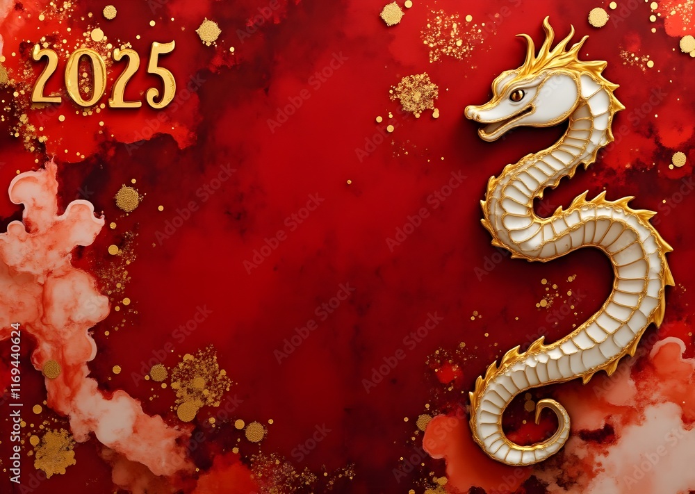 Obraz premium Happy Chinese new year 2025 background design Year of the snake design wallpaper with Chinese pattern, gold hanging lantern. Modern luxury oriental illustration for cover, banner, website, envelope..