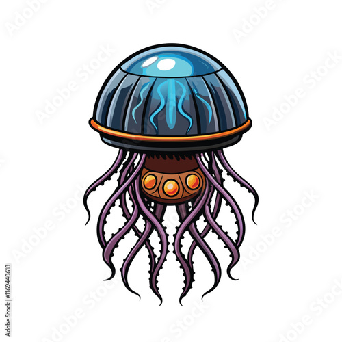 A futuristic robotic jellyfish with glowing tentacles, the bell is blue and the tentacles are purple with black outlines.