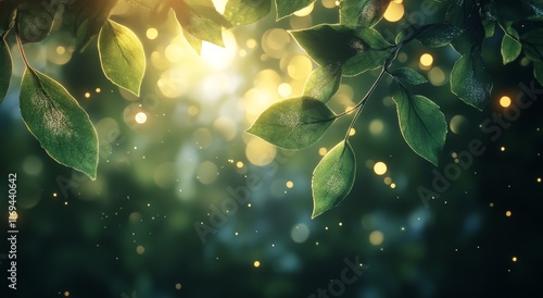 Magical forest with glowing leaves and soft light filtering through trees at ...
