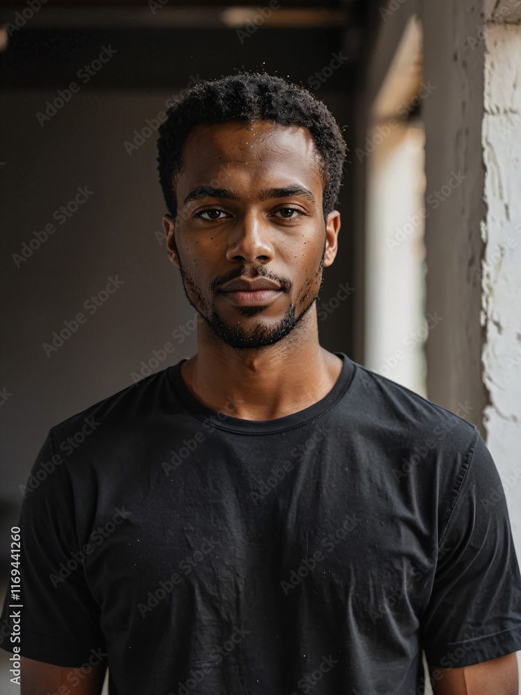 Fototapeta premium Retrato de un hombre de piel negra y cabello negro con barba de pie usando una camiseta negra en el interior de una habitación 