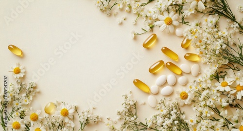 Natural health composition with yellow capsules and flowers on a soft background