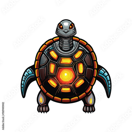 A futuristic robotic turtle with a hard metal shell, glowing orange eyes, and a glowing orange center on its shell.