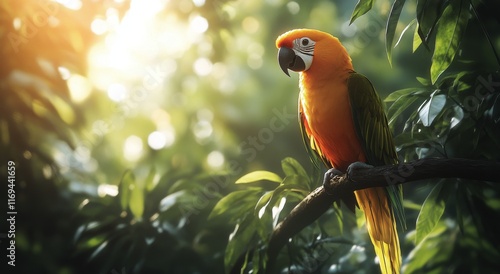Vibrant parrot perched on a branch amidst lush greenery at sunset