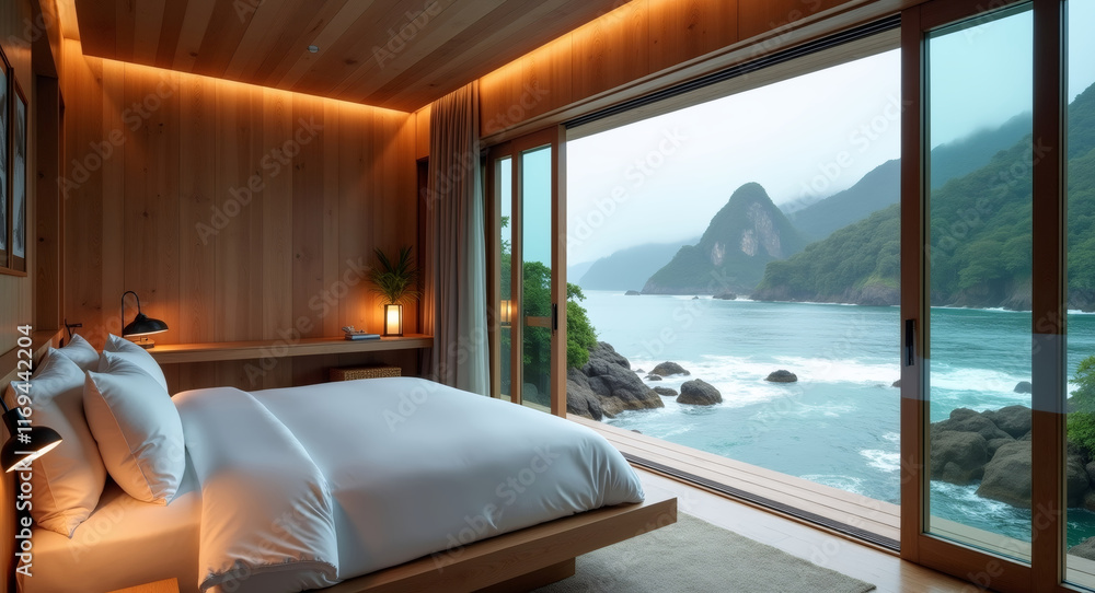 Fototapeta premium Oceanview Suite: Wake to breathtaking ocean views from this luxurious bedroom. The minimalist design, natural wood tones, and expansive windows create a serene and tranquil escape.