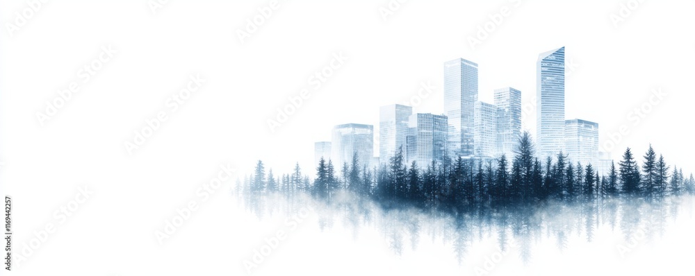 Fototapeta premium Urban landscape modern city amidst lush forest digital art atmospheric perspective nature meets architecture