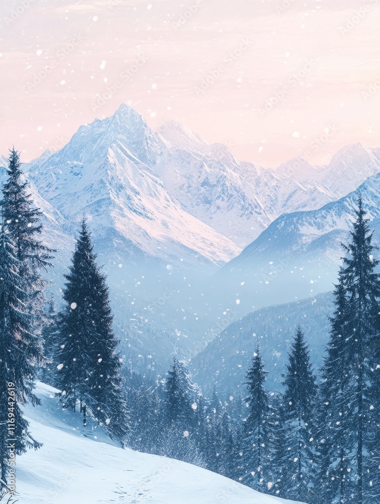 Fototapeta premium Snowy Mountain Landscape With Winter Trees