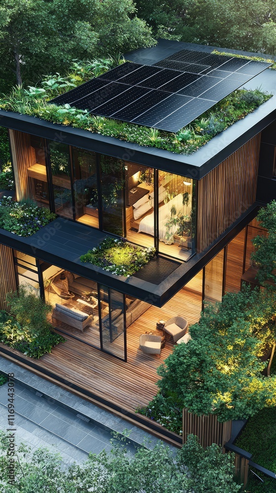 Modern Eco-Friendly House with Solar Panels and Green Landscaping Modern Eco-Friendly House with Solar Panels and Green Landscaping