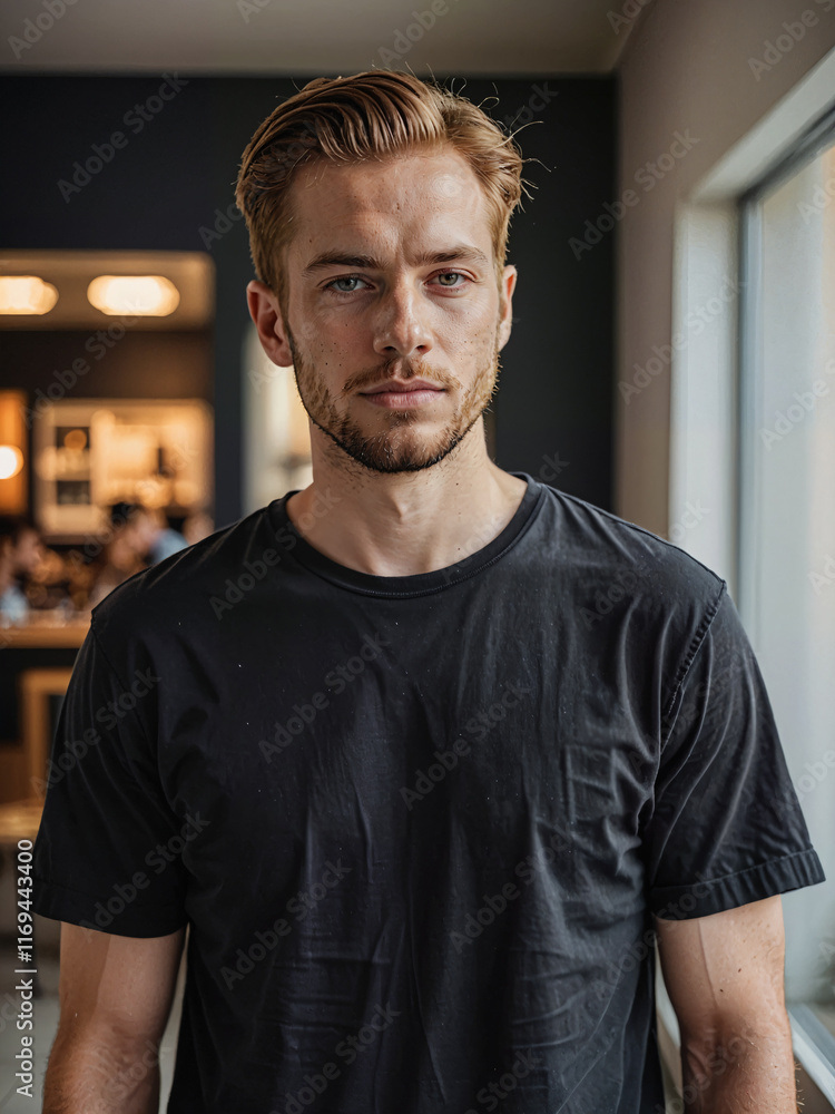 Fototapeta premium Retrato de hombre blanco con camiseta casual negra en el interior de una habitación 