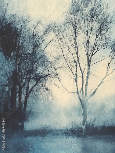 Bare Trees Stand Silhouetted Against A Misty Sky