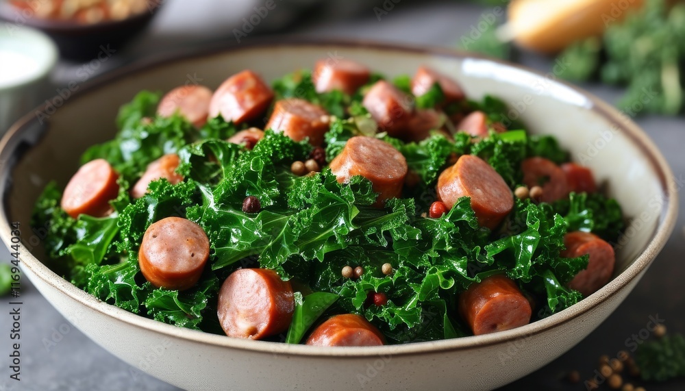 Sausages and Kale Stew with Fresh Greens and Seasonings in a Rustic Bowl Sausages and Kale Stew with Fresh Greens and Seasonings in a Rustic Bowl