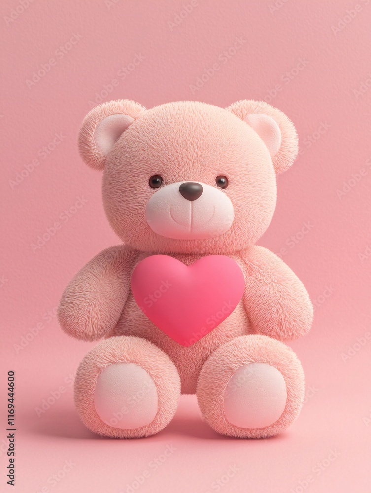 Obraz premium Valentine's Day Cute Pink Teddy Bear Holding Heart Valentine s Day Love Romance Soft Toy Plush