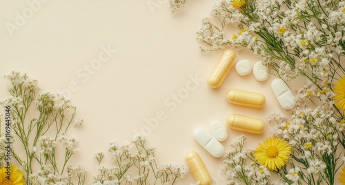 Natural health composition with yellow capsules and flowers on a soft background