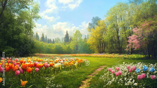 Vibrant Spring Meadow with Blooming Flowers and Pathway