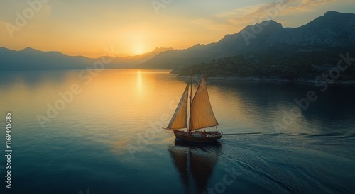 Sailboat cruising peacefully at sunset on calm waters with mountains in the b...