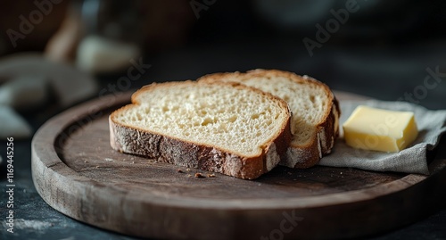 Slices of freshly baked bread with butter on a rustic wooden board in a cozy ...