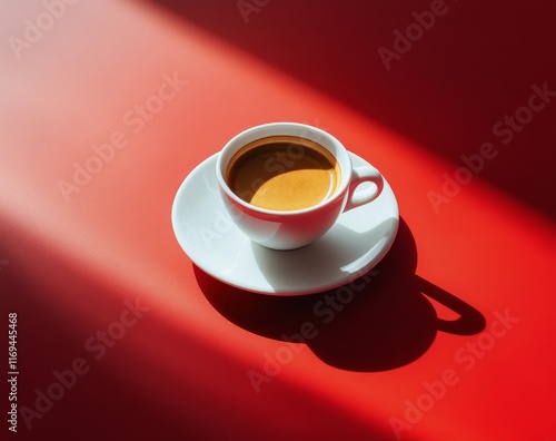 Coffee cup on white saucer against red background with rich golden beverage