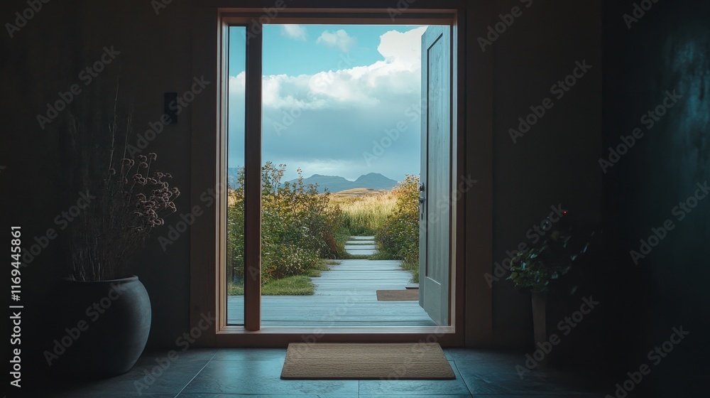 Fototapeta premium Tranquil Entrance with Open Door and Scenic Nature View