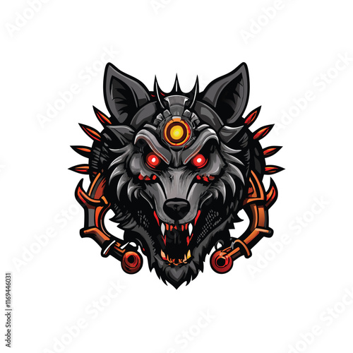 A menacing mechanical wolf head with glowing red eyes and sharp metal details.