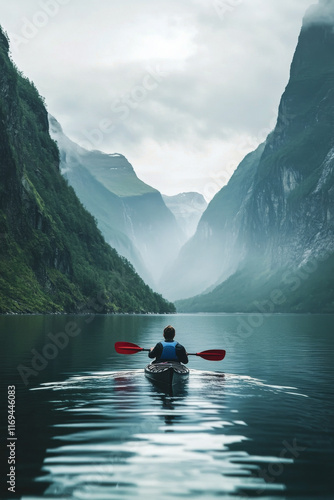 Kayaker paddles through calm waters surrounded by mountains and forest in a s...