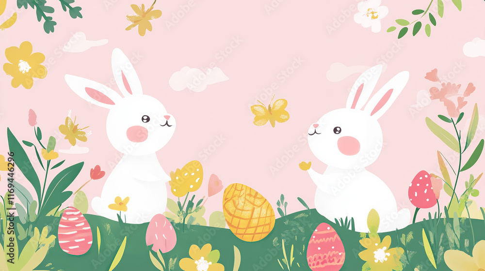 Obraz premium Playful Easter Bunnies with Painted Eggs in a Whimsical Meadow