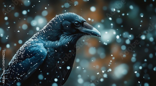 Snowfall surrounds a raven perched on a snowy branch in a winter forest setting