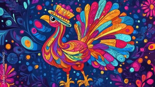 Vibrant abstract bird: colorful feathered fowl in whimsical floral pattern photo