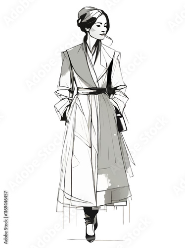woman in trenchcoat fashion sketch vector