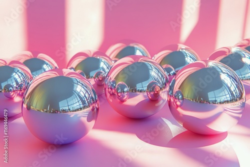 Reflective spheres on vibrant pink background creating artistic visuals in a ...