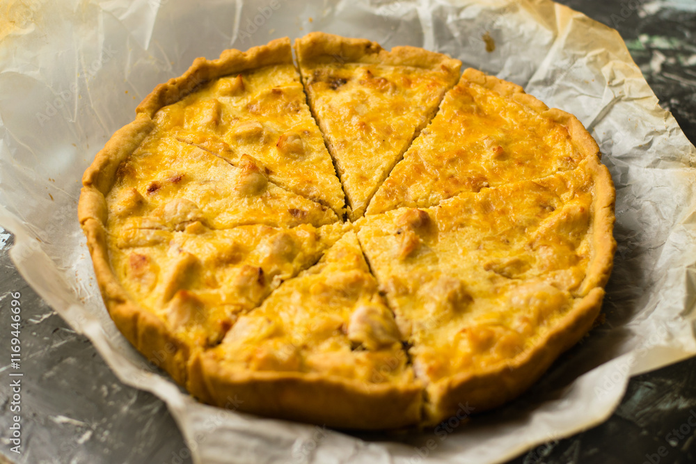 Delicious French quiche pie with chicken and cheese. Baking process, pie cooling on baking parchment Delicious French quiche pie with chicken and cheese. Baking process, pie cooling on baking parchment