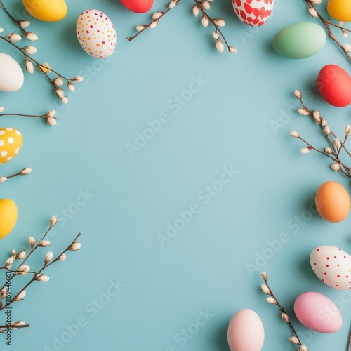 Colorful Easter eggs arranged with spring branches on a blue background
