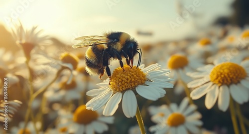 Bumblebee pollinates a flower in a vibrant meadow during a sunny day