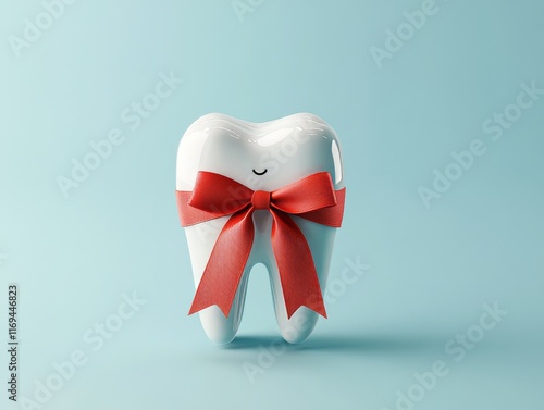 Tooth with red gift bow on blue background: dental care, hygiene, and health concept photo