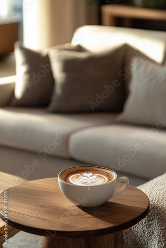 Cozy indoor setting with latte art on wooden table near comfy sofa and knit b...