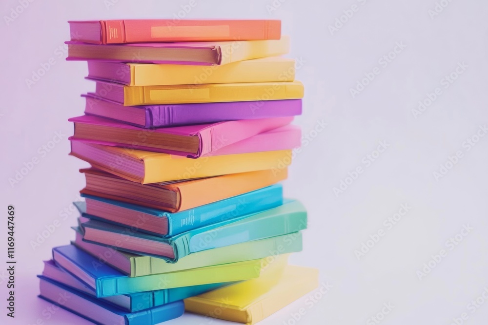 A stack of books in bright colors, including pink, orange, yellow, green, and blue, is arranged artistically on a light background, creating a cheerful and inviting atmosphere A stack of books in bright colors, including pink, orange, yellow, green, and blue, is arranged artistically on a light background, creating a cheerful and inviting atmosphere