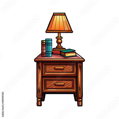 A realistic bedside table with a drawer featuring a lamp, books and a book.