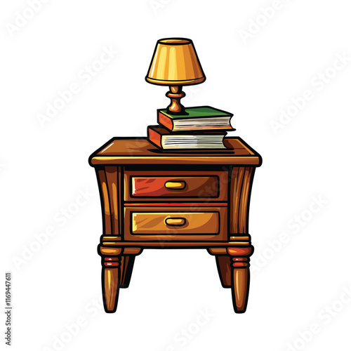 Realistic bedside table with a drawer featuring a lamp with a yellow shade.