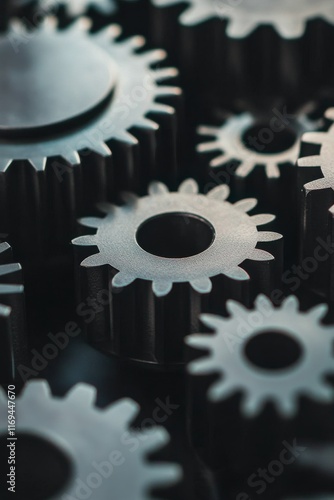 Detailed view of interlocking black gears showcasing intricate design and eng...