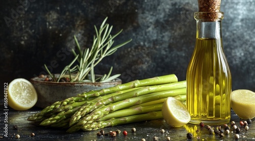 Fresh asparagus with olive oil and lemon on rustic table ready for cooking