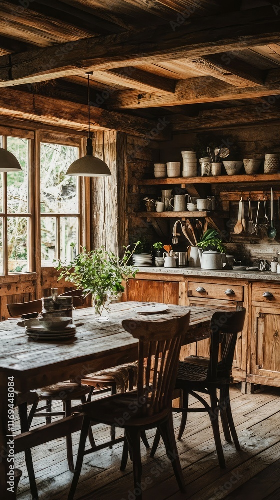 Fototapeta premium Cozy Rustic Kitchen with Wooden Furniture and Natural Light