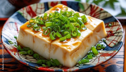 Refreshing Hiyayakko Tofu Dish Garnished with Green Onions in Japanese Style Bowl photo