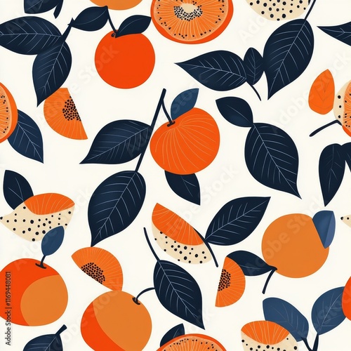 Vibrant illustration of citrus fruits and leaves in bold colors on light back...