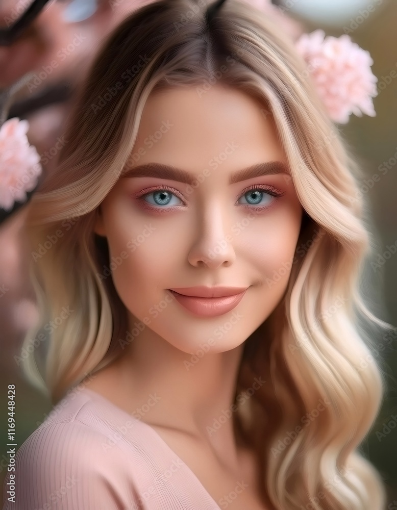 Blonde woman with blue eyes posing near blurred pink floral background, highlighting natural elegance and fresh beauty Blonde woman with blue eyes posing near blurred pink floral background, highlighting natural elegance and fresh beauty