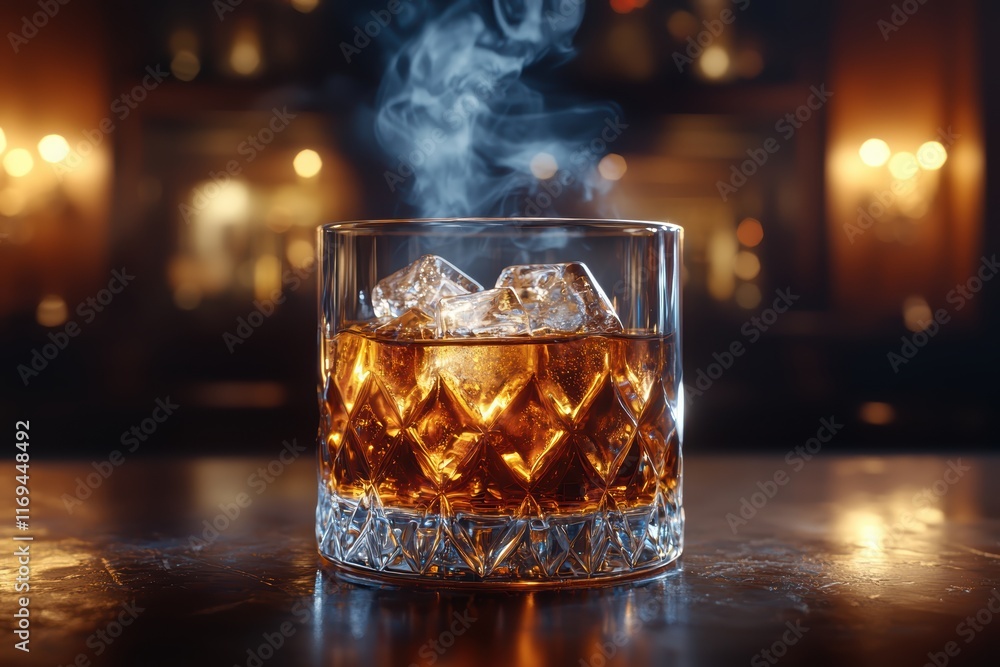 Enjoying a rich amber whiskey with ice cozy bar atmosphere high fidelity shot relaxed evening warm vibes Enjoying a rich amber whiskey with ice cozy bar atmosphere high fidelity shot relaxed evening warm vibes