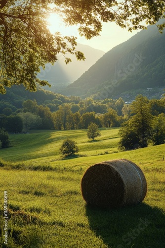 Beautiful sunset over a peaceful rural landscape with a hay bale and mountain...
