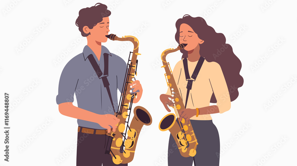 Naklejka premium Young Man and Woman Musicians Duet Playing Saxophone