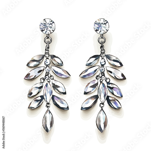 A watercolor vector painting of delicate silver earrings with crystal accents, isolated on a white background. Delicate silver earrings vector.

